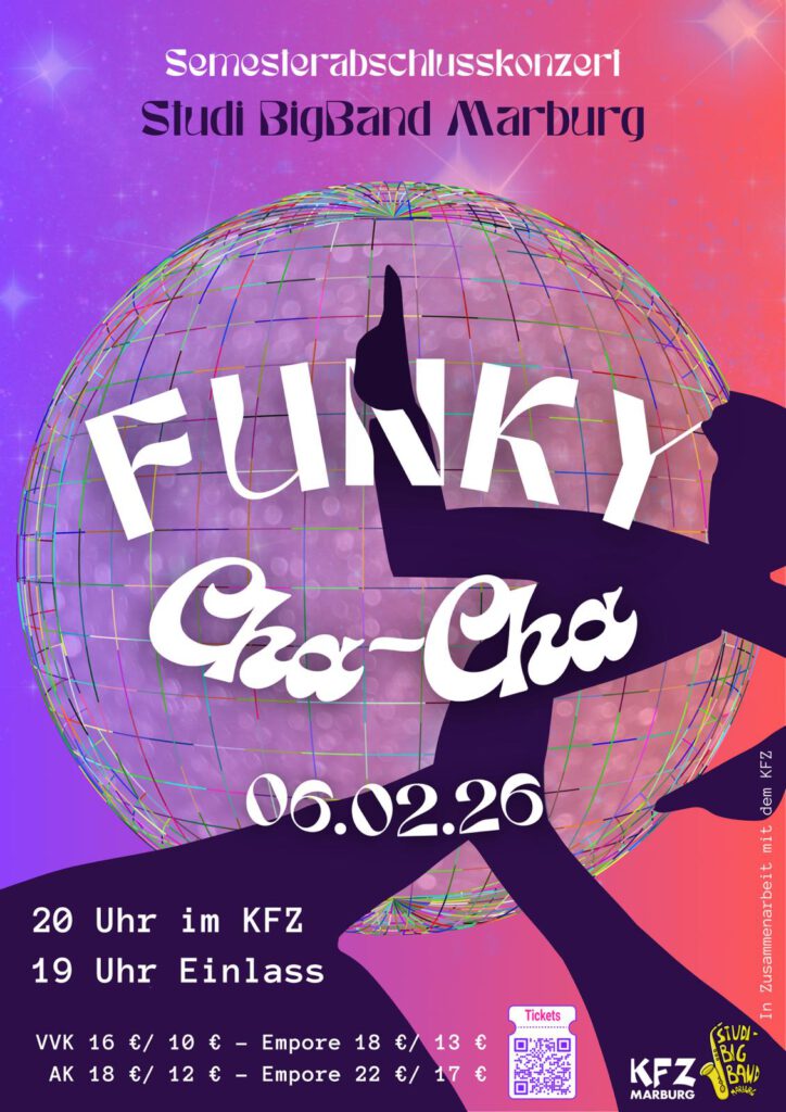 Ein neues Jahr beginnt und direkt steht ein erstes Highlight an: Die Studierenden BigBand Marburg bringt wieder mal Hitze in die kälteste Jahreszeit. Unter dem Motto "Funky Cha Cha" kommt ein neues aufregendes Programm auf die Bühne und von dort ins Publikum. Von Königinnen und Männern, von der richtigen Stimmung, Freude oder alberner Trödelei ist für Jede und Jeden etwas dabei. Egal ob Team Cha Cha oder Funk: einen Grund zum Tanzen gibt es immer.